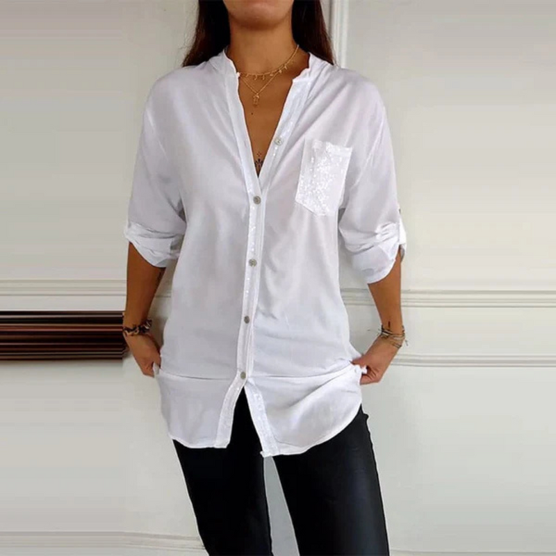 Camisa Casual de Manga Longa com Detalhes e Bolso com Lantejoulas para Mulher
