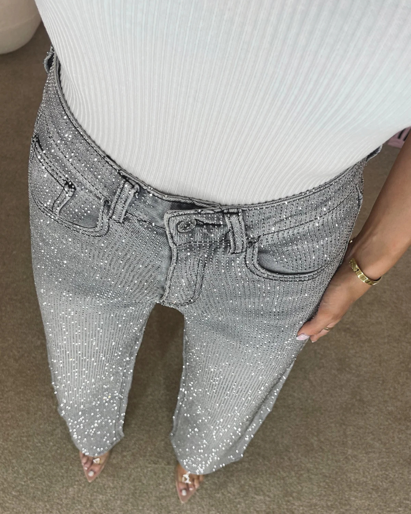 Calças de Ganga para Mulher com Efeito de Diamante e Pernas Largas