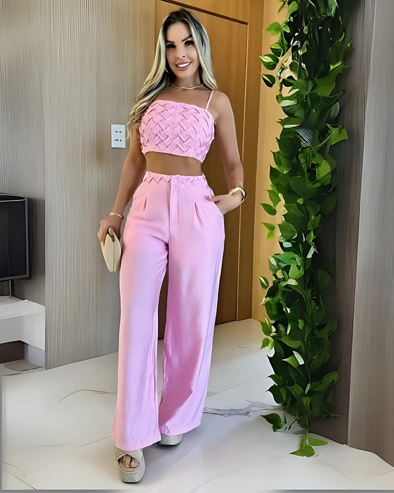 Conjunto de Verão para Mulher com Calças Palazzo e Top Curto com Alças